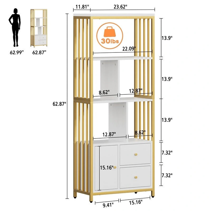 Modern Bookshelf with Cabinet and Drawers - Gold Frame White Finish