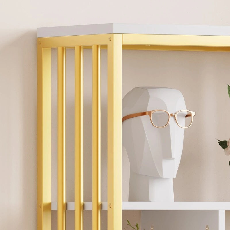 Modern Bookshelf with Cabinet and Drawers - Gold Frame White Finish