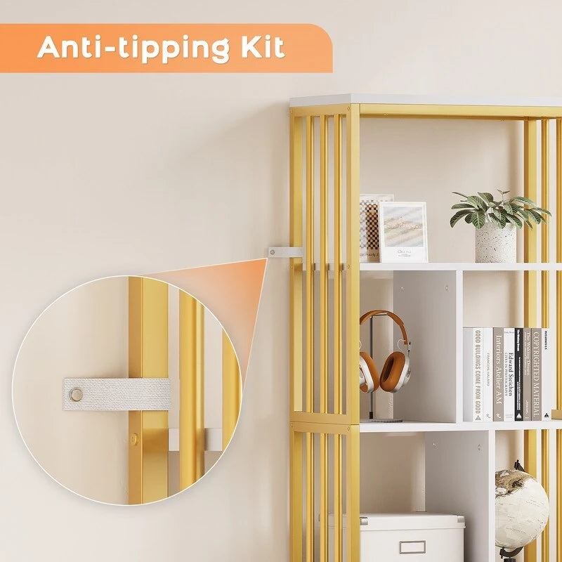 Modern Bookshelf with Cabinet and Drawers - Gold Frame White Finish