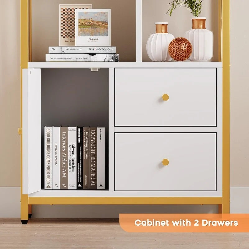 Modern Bookshelf with Cabinet and Drawers - Gold Frame White Finish