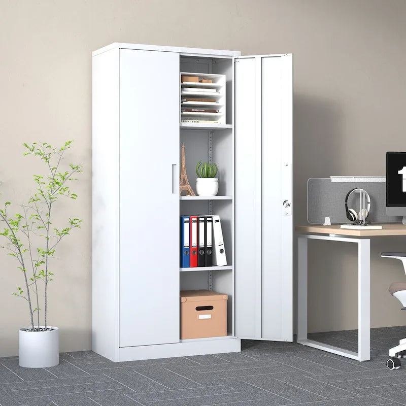 71H Metal Garage Storage Cabinet,White Tool Steel Locking Cabinet with Doors and 3 Adjustable Shelves