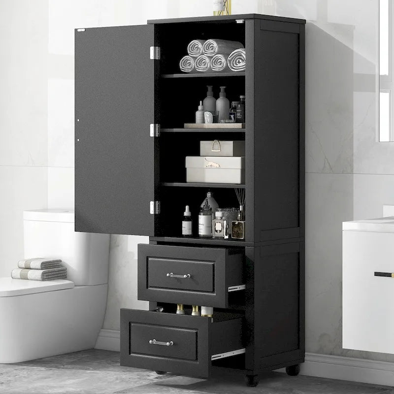 Tall Freestanding Bathroom Storage Cabinet with Two Drawers and Adjustable Shelf