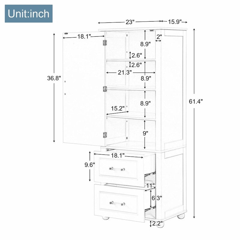 Tall Freestanding Bathroom Storage Cabinet with Two Drawers and Adjustable Shelf