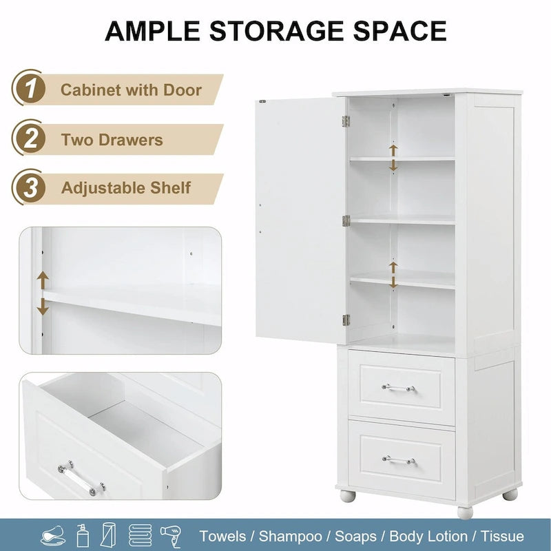 Tall Freestanding Bathroom Storage Cabinet with Two Drawers and Adjustable Shelf