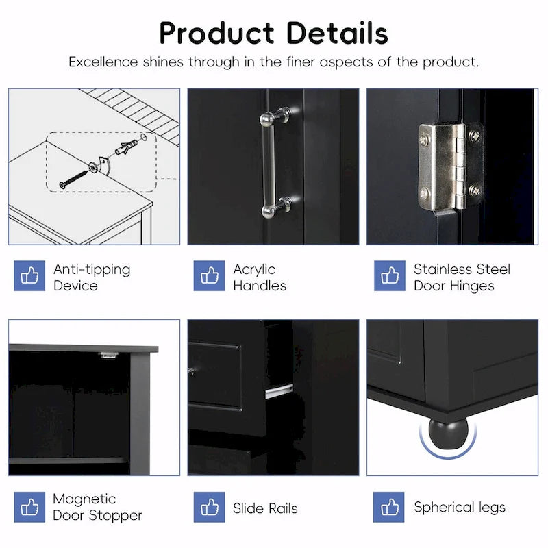 Tall Freestanding Bathroom Storage Cabinet with Two Drawers and Adjustable Shelf