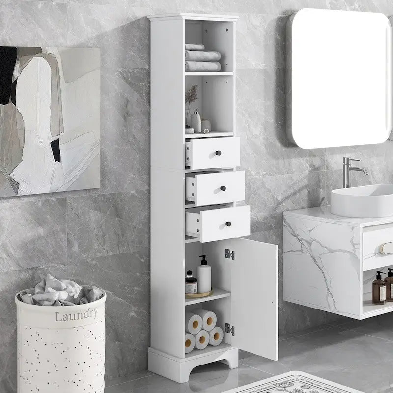 Tall Bathroom Cabinet, Freestanding Storage Cabinet with 3 Drawers and Adjustable Shelf