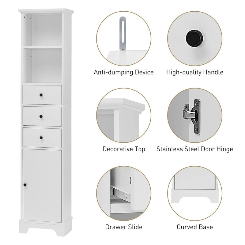 Tall Bathroom Cabinet, Freestanding Storage Cabinet with 3 Drawers and Adjustable Shelf