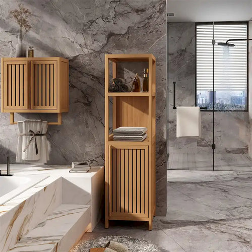 15 Narrow Bathroom Floor Cabinet, Bamboo Wood Linen Cabinet with 1 Door and Open Storage Shelves - Natural
