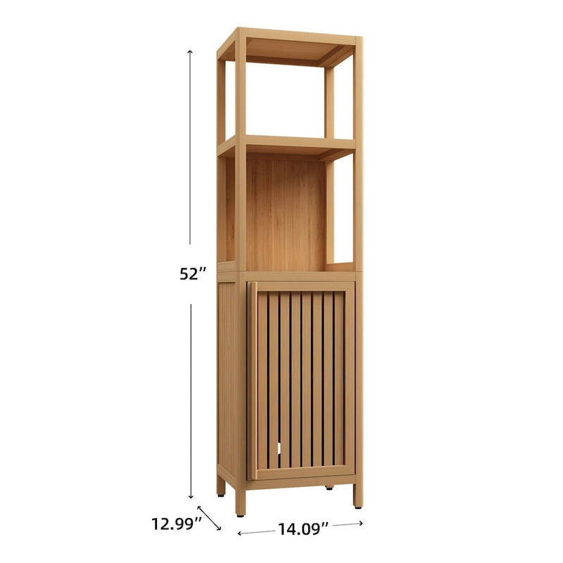 15 Narrow Bathroom Floor Cabinet, Bamboo Wood Linen Cabinet with 1 Door and Open Storage Shelves - Natural