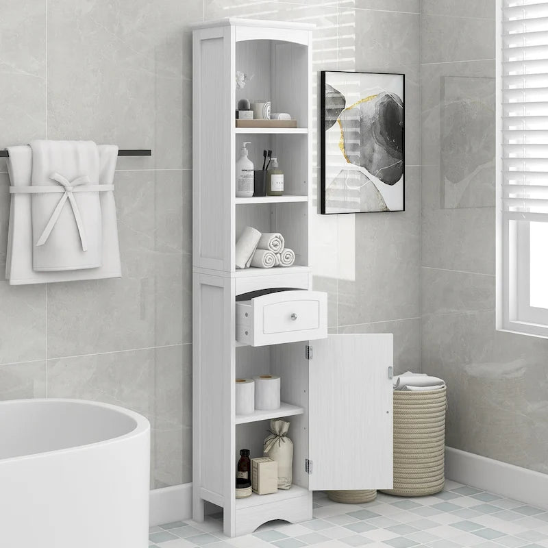 Tall Bathroom Cabinet, Freestanding Storage Cabinet with Drawer, MDF Board, Adjustable Shelf