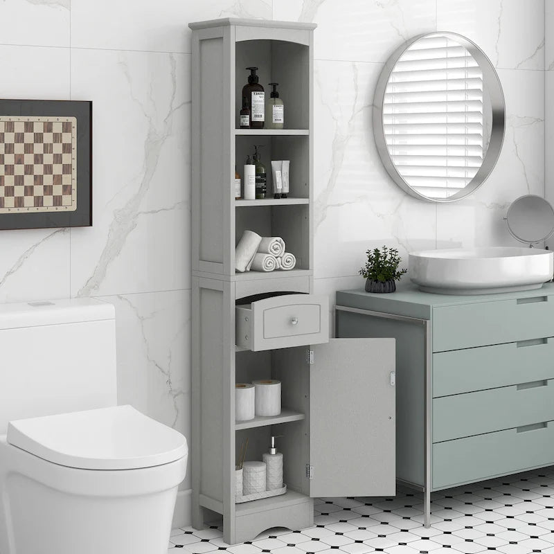 Tall Bathroom Cabinet, Freestanding Storage Cabinet with Drawer, MDF Board, Adjustable Shelf
