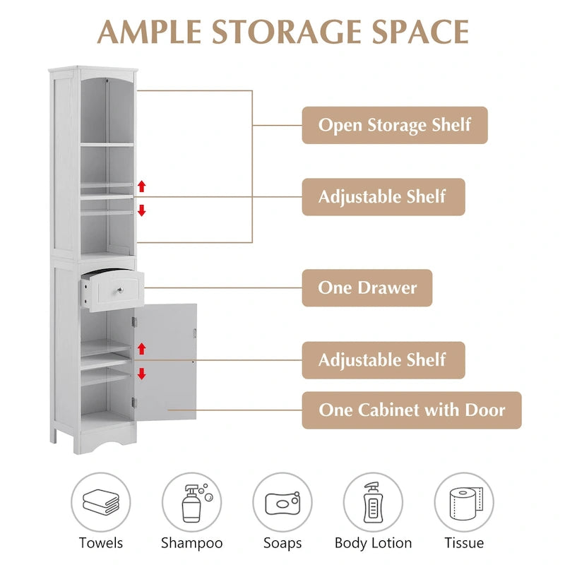 Tall Bathroom Cabinet, Freestanding Storage Cabinet with Drawer, MDF Board, Adjustable Shelf