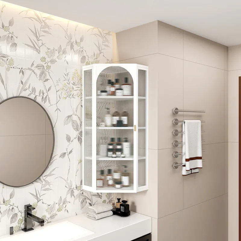Glass Door Wall-Mounted Corner Cabinet with Four-Tier Storage
