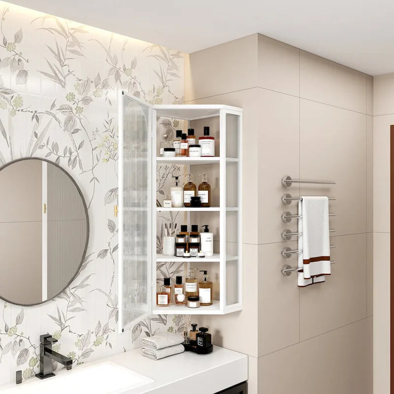 Glass Door Wall-Mounted Corner Cabinet with Four-Tier Storage