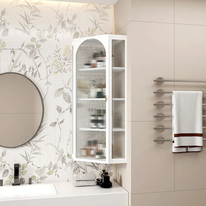 Glass Door Wall-Mounted Corner Cabinet with Four-Tier Storage
