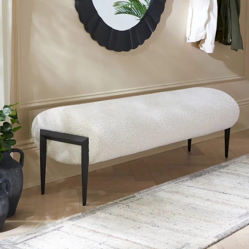 Upholstered Linen Bench with Black Metal Legs - 57Wx19Dx19H