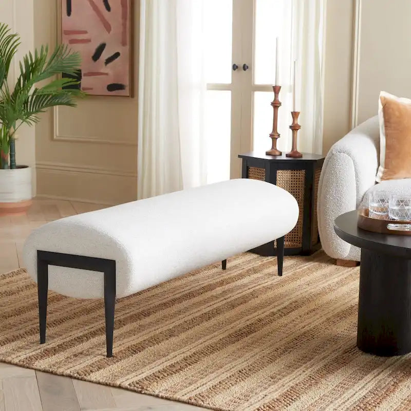 Upholstered Linen Bench with Black Metal Legs - 57Wx19Dx19H