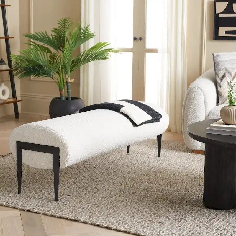 Upholstered Linen Bench with Black Metal Legs - 57Wx19Dx19H